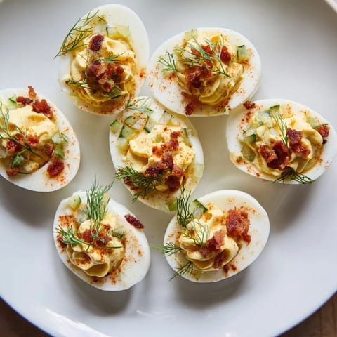 Creamy, tangy loaded deviled eggs, showcasing bacon, dill, and vibrant paprika garnish.