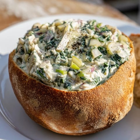 A rustic bread bowl holds the best spinach dip ever, surrounded by fresh vegetable dippers.