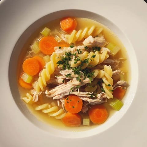 This comforting Crockpot Chicken Noodle Soup showcases a hearty broth brimming with deliciousness, ready to serve.