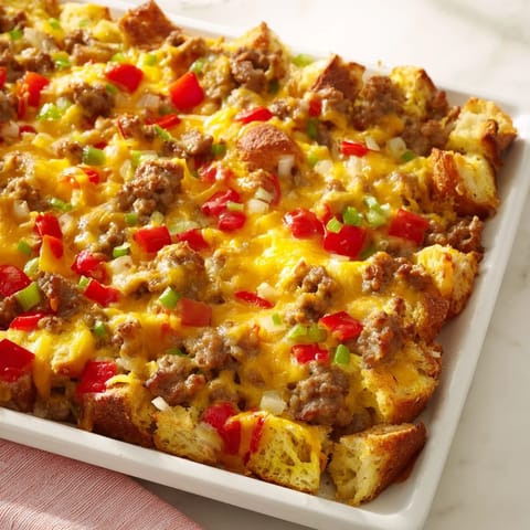 A close-up of a steaming Lightning-Fast Breakfast Sausage Casserole, perfect for a satisfying, quick meal.