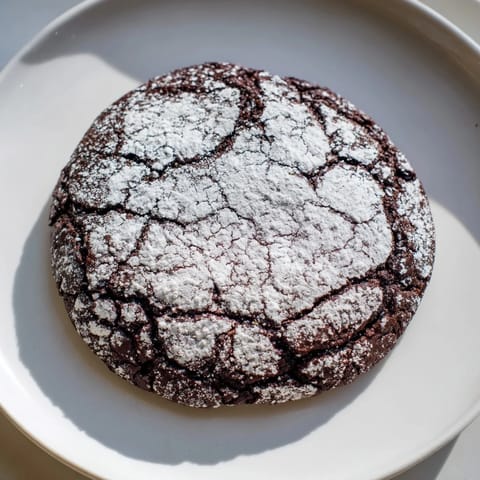 A plate of freshly baked air-fried chocolate crinkle cookies, tempting with crispy edges and rich chocolate.