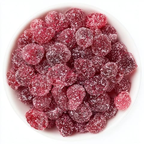 Vibrant red 5-Minute Express Candied Cranberries coated in sugar, perfect for your holiday snacking and garnishing.