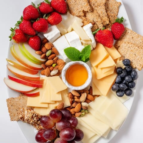 A beautifully arranged Bears Honey Pot Board, brimming with fresh fruits, cheeses, and golden honey.