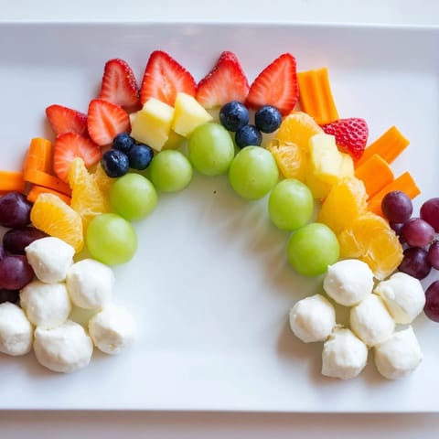 Delicious Rainbow Cloud Snack Board brimming with colorful fruits, a fun and healthy snack idea.