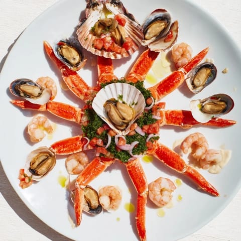 Starfish & Shell Appetizer Board overflowing with chilled seafood and dipping sauces, ready to eat.