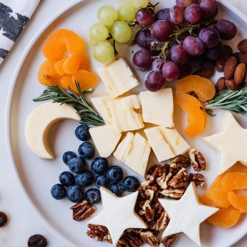 A stunning Moon & Stars Night Board brimming with cheeses, fruits, and star-shaped crackers.