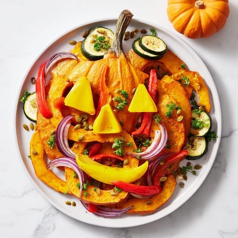 Vibrant arrangement of roasted vegetables forming a Pumpkin Lantern Halloween Plate on a festive platter.