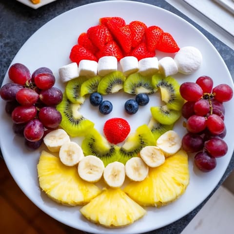 Delicious Santa Fruit Platter, showcasing banana face, kiwi eyes, and a sweet strawberry nose for festive fun.
