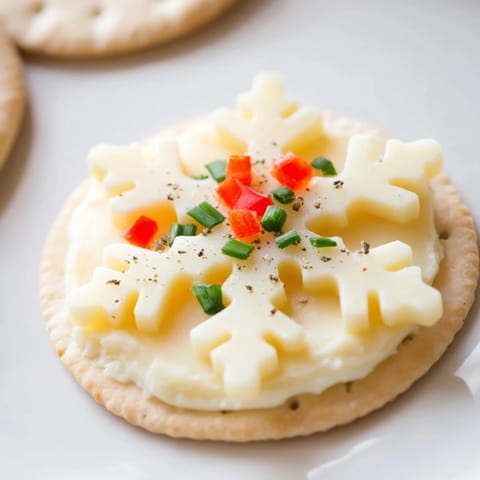 Festive Savory Bites Cracker and Cheese Snowflake Design, arranged creatively on a serving platter.