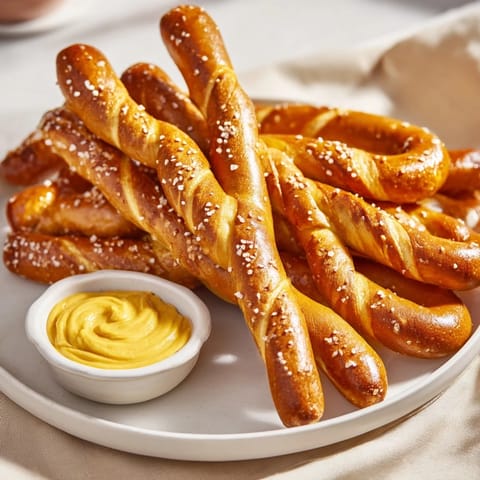 Close-up of crispy pretzel rods beside a small bowl filled with spicy hot mustard dipping sauce.