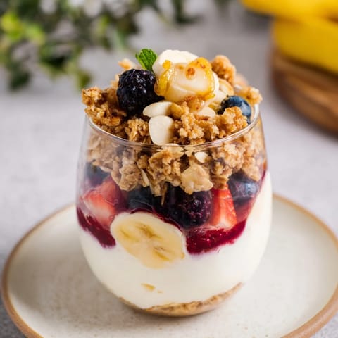 The layers of this Yogurt and Granola Parfait display creamy yogurt, berries, and golden granola, served cold.