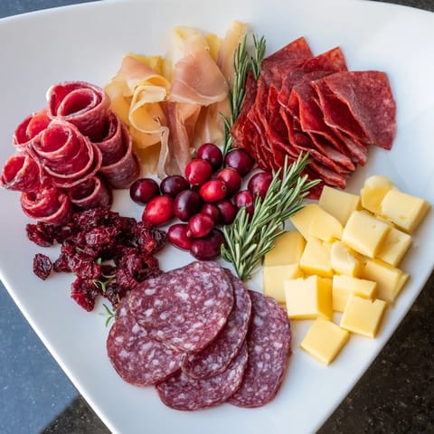 This Crimson Crest charcuterie board displays savory cured meats and red wine-infused cheeses ready to serve.