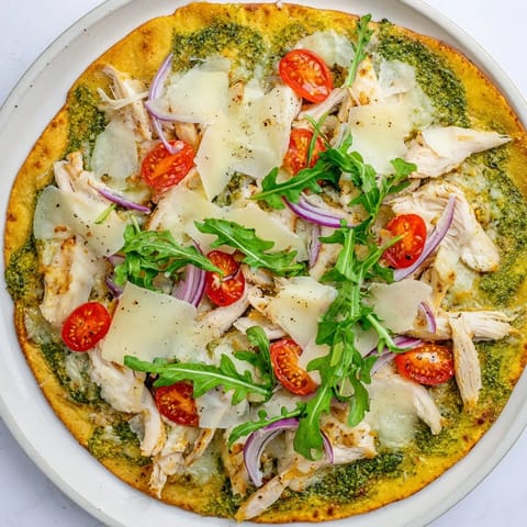 A close-up shot of a baked and cheesy Pesto Chicken Flatbread, perfect for a quick dinner.