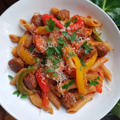 This Sausage and Peppers Pasta shows tender sausage mixed into a rich tomato sauce, ready for eating.