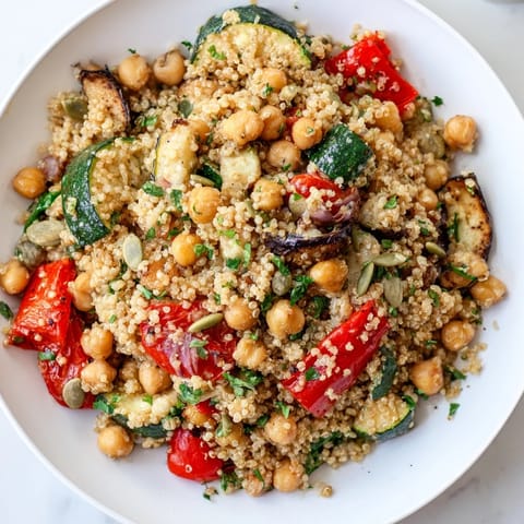 A colorful bowl of Quinoa Power Protein Salad, showcasing the fluffy quinoa and fresh spinach.