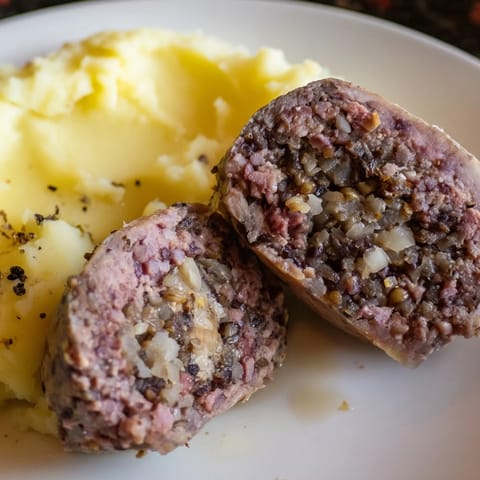 A close-up of steaming Scottish haggis, showing its rich texture and savory smell alongside neeps.