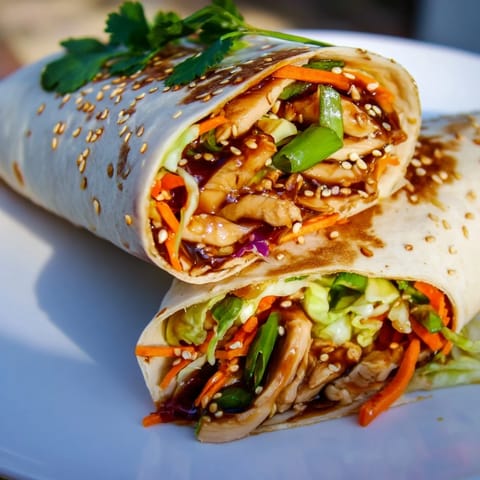 A fresh, homemade teriyaki chicken wrap featuring tender chicken and vibrant shredded vegetables.