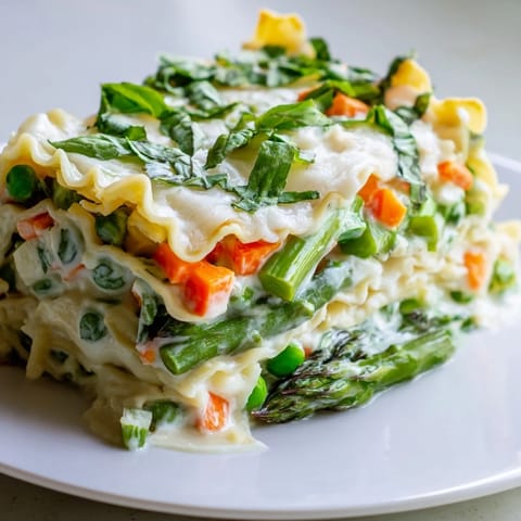 A layered Spring Veggie Alfredo Lasagna: creamy Alfredo sauce hugs tender spring vegetables and lasagna noodles.