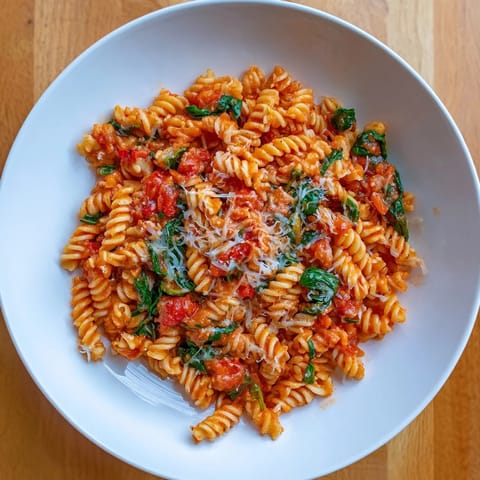 Steaming Tomato Spinach One-Pot Rotini with wilted spinach and grated Parmesan cheese, ready to serve.