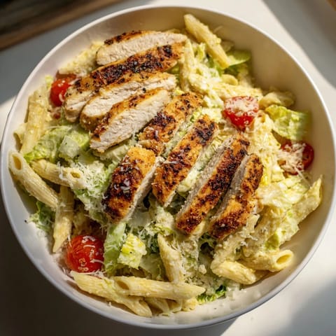 Creamy and satisfying Caesar Pasta Chicken Bowl, featuring perfectly grilled chicken and crunchy croutons in a bowl.