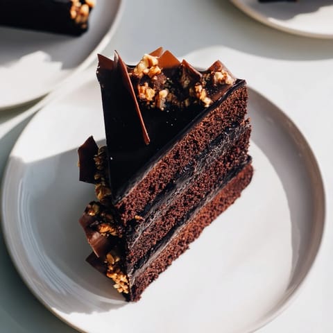 Moist chocolate celebration cake layers are stacked with glossy ganache, garnished with sparkling hazelnut praline shards on a cake stand.