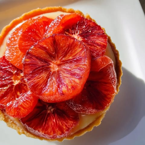Freshly baked Blood Orange Tarts featuring crisp pastry shells and glossy, tangy orange segments.  