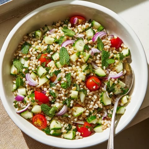 Tossing warm Barley and Herb Salad with chopped parsley, dill, and red onion in a zesty lemon-Dijon dressing for a light lunch.