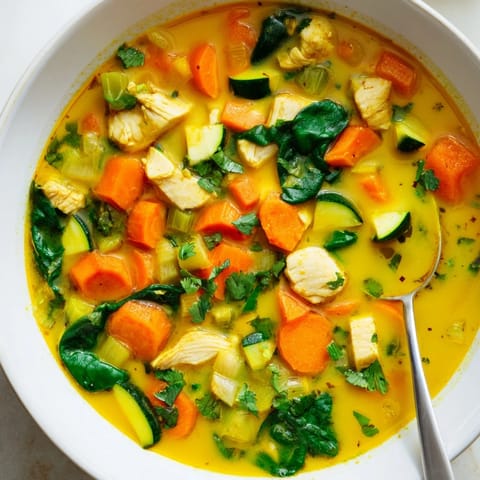 Vibrant yellow Turmeric Chicken Soup simmering in a pot, garnished with herbs and lemon wedges.
