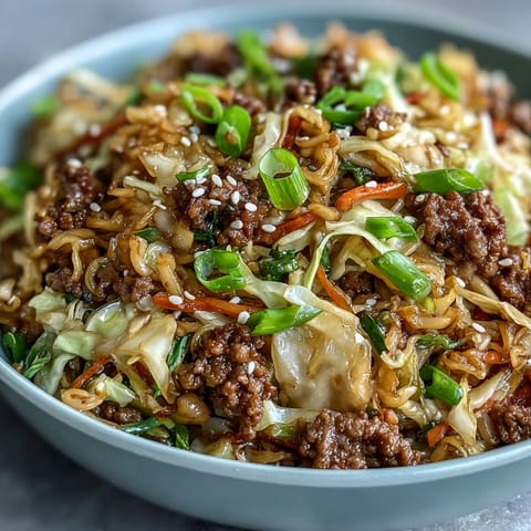 Savory Egg Roll in a Bowl with vibrant crunchy cabbage, ready to eat.