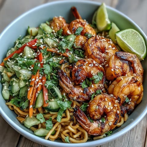 Quick 15-Minute Asian Noodle Bowl topped with perfectly grilled shrimp and fresh greens.