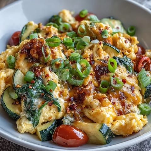 Fluffy scrambled eggs and vibrant veggies crowning a hearty scramble egg and veggie bowl.