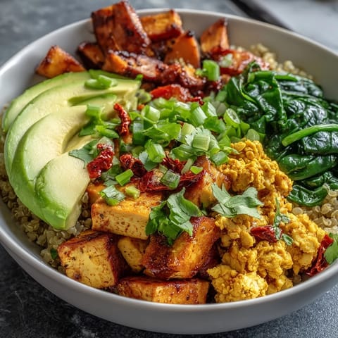 Sliced avocado and green onions top this hearty vegan Tofu Scramble Vegan Breakfast Bowl.