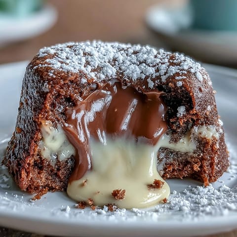 Golden-brown Hojicha Lava Cakes resting in ramekins, dusted with cocoa powder and ready to be served immediately.  