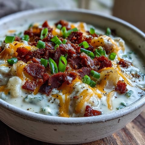 Creamy Loaded Potato Soup topped with extra cheese and chives, served with crusty bread for dipping.