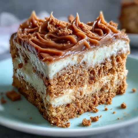 A slice of Decadent Baked Biscoff Cake on a white plate, featuring a creamy Lotus frosting with caramel swirls and crunchy cookie pieces.