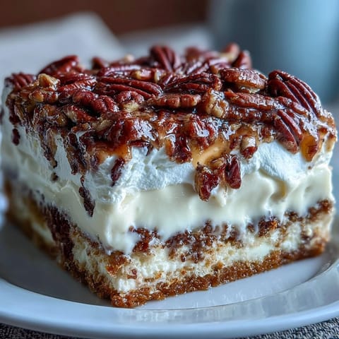 Butter Pecan Tres Leches Cake served chilled, featuring a rich milk soak and crunchy brown sugar pecan garnish.  