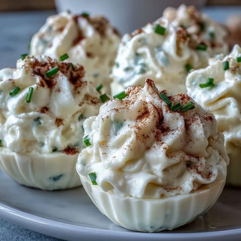 Ready-to-serve Million Dollar Deviled Eggs, showcasing the smooth, tangy filling topped with a sprinkle of paprika and chives.