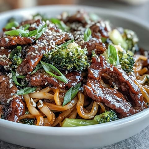 A close-up of vibrant Korean Beef Noodles showcases tender beef and julienned carrots tangled with chewy rice noodles, garnished with sesame seeds and green onions.  