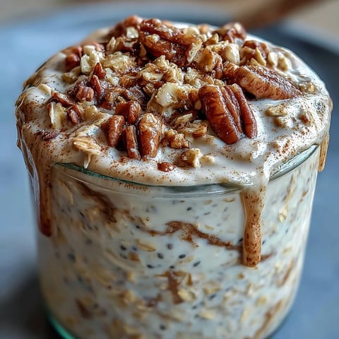 A meal-prep friendly jar of High-Protein Cinnamon Roll Overnight Oats, topped with chopped pecans for extra crunch and ready to eat for breakfast.