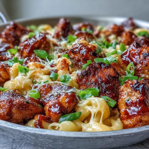 Creamy cheddar macaroni and glazed honey BBQ chicken combine in one pan for a weeknight comfort meal.
