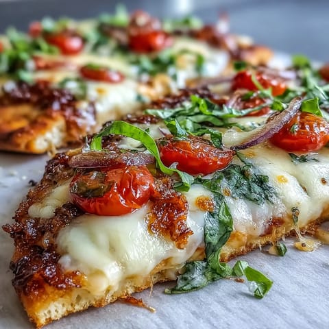 Golden Crispy Garlic Parmesan Naan Pizza topped with spinach, red onion, and fresh basil garnish.