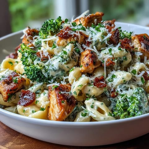 Savory Garlic Parmesan Broccoli & Chicken Pasta steams beside a glass of crisp white wine.