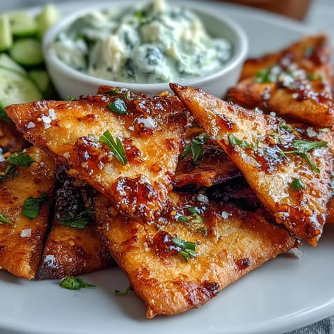 Freshly baked Spicy Chili Crisp Garlic Naan Chips with a vibrant bowl of savory Asian cucumber dip and a drizzle of sesame oil.