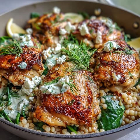 Freshly baked Creamy Greek Chicken & Pearl Couscous Bake bubbling in a skillet, garnished with herbs and served with lemon wedges.