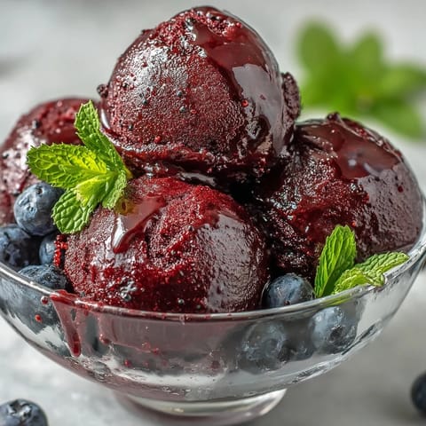 Deep purple Black Currant Sorbet scoops in a chilled glass bowl, glistening with fresh mint and a drizzle of cassis liqueur.