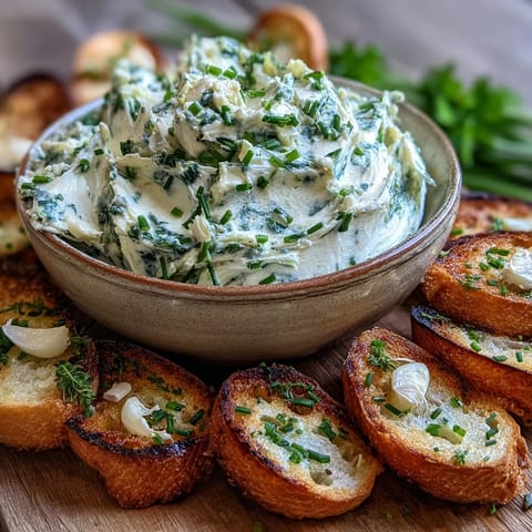 A bowl of creamy Garlic & Herb Crostini Spread garnished with fresh herbs, served alongside crisp, golden-brown crostini.