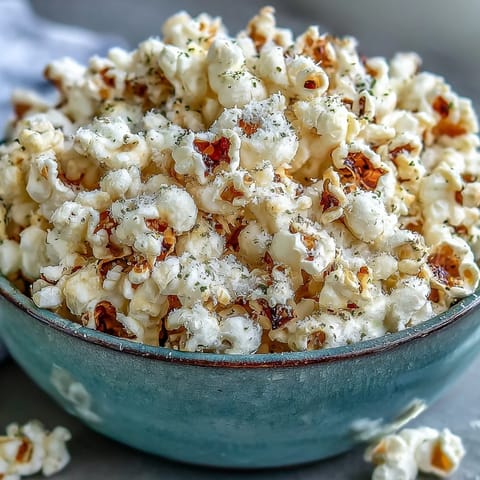 Aerial view of homemade Truffle Popcorn in a rustic bowl, generously coated in white truffle oil and freshly grated Parmesan. 