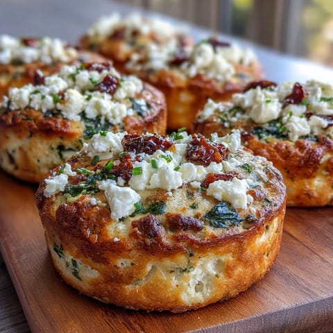 A close-up view of Mediterranean Sausage Breakfast Protein Biscuits topped with feta and sun-dried tomatoes served on a white plate.