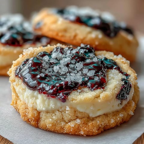 A close-up shows Easy Blueberry Cheesecake Swirl Cookies with glistening blueberry swirls, sitting beside fresh blueberries and a glass of milk for dipping.