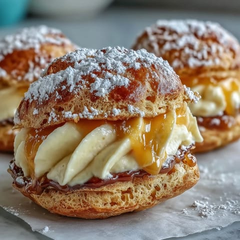Freshly baked Mango Pastry Cream Puffs reveal a creamy, sunny-yellow mango filling inside. 